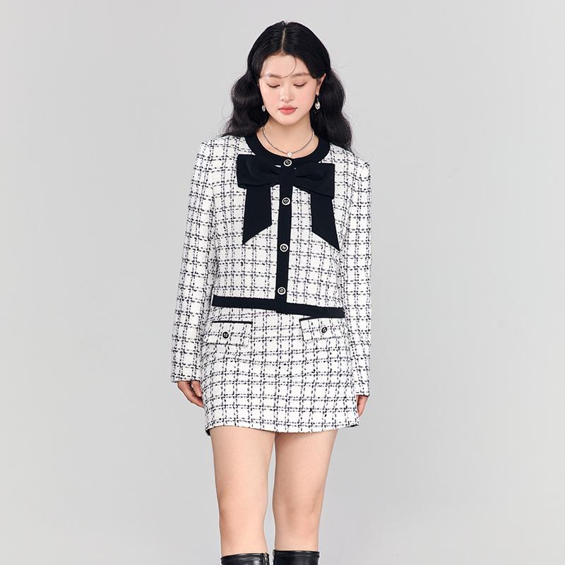 大きいサイズ レディース セットアップ ジャケット スカート 秋 黒白 チェック柄 スリムフィット 長袖 上品