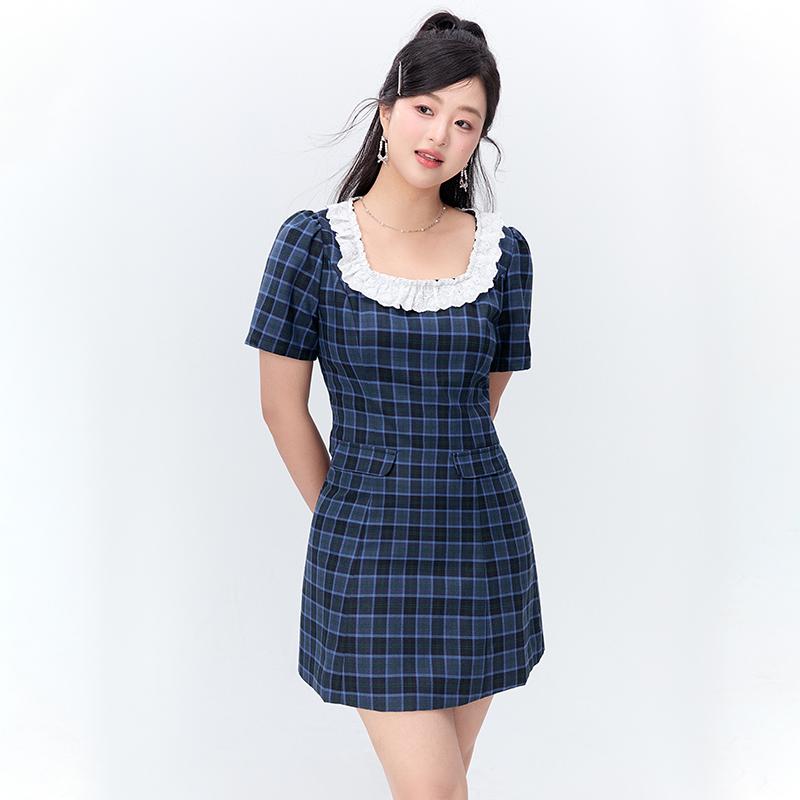大きいサイズ レディース 女性 パフスリーブ レトロ ブルー チェック 柄 夏 スリム カジュアル 体型カバー