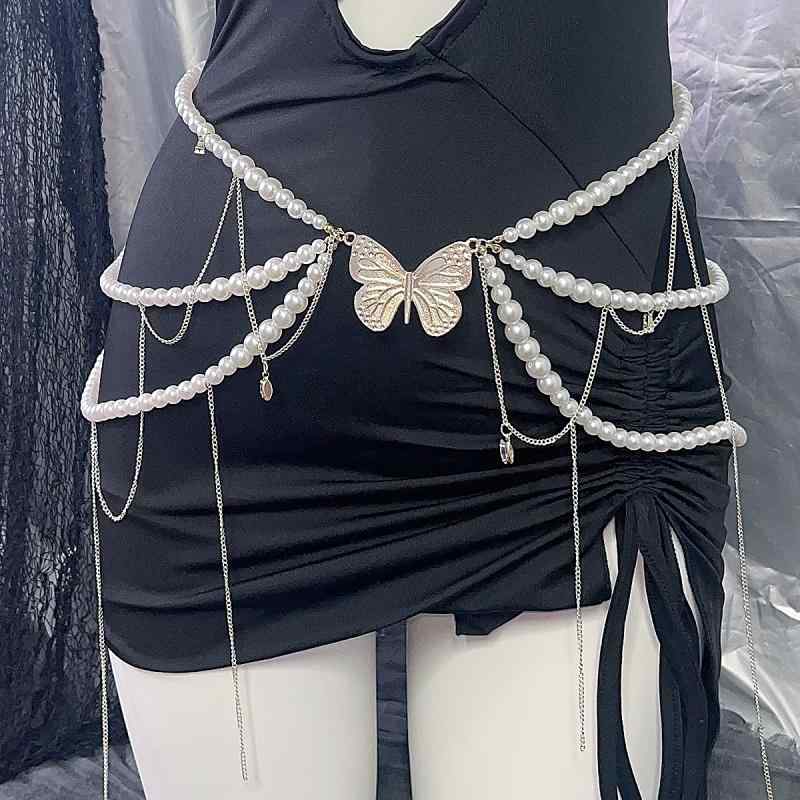 ベルト レディース チェーン Y2K ホットガール 蝶 ストリート スカート 多層 レトロ ジーンズ 飾り アクセサリー パール コスプレ