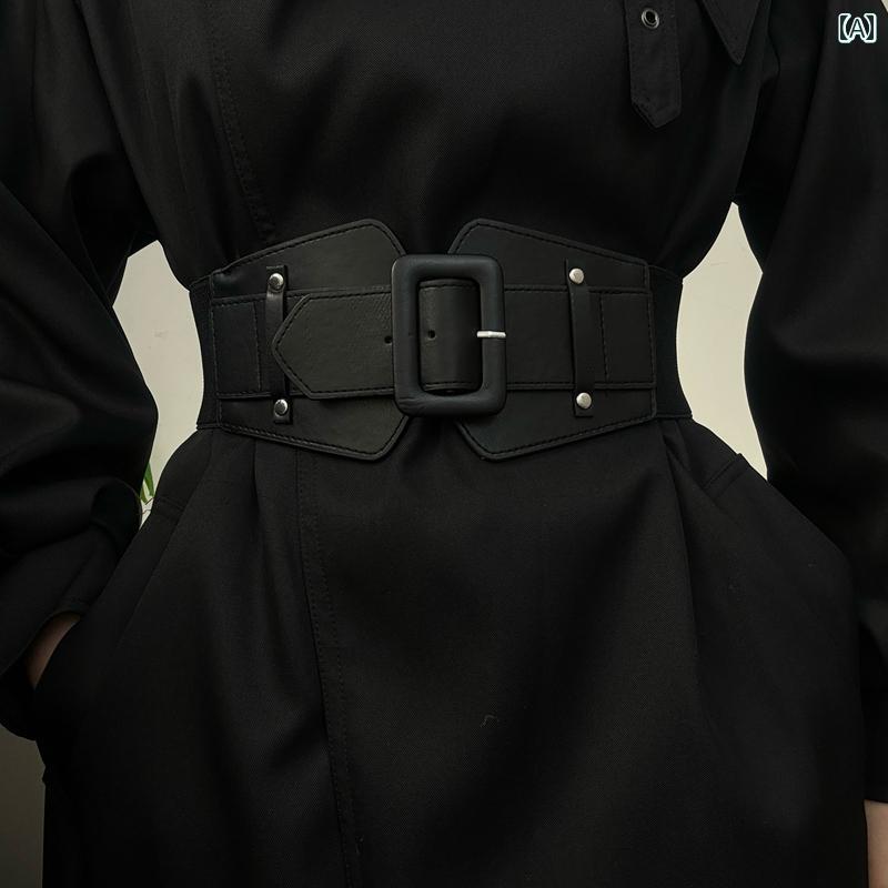 ベルト レディース 太 ワイド ウエストマーク 装飾 コート 伸縮性 リベット PUレザー ピン バックル 柔らかい ワンピース シンプル 黒