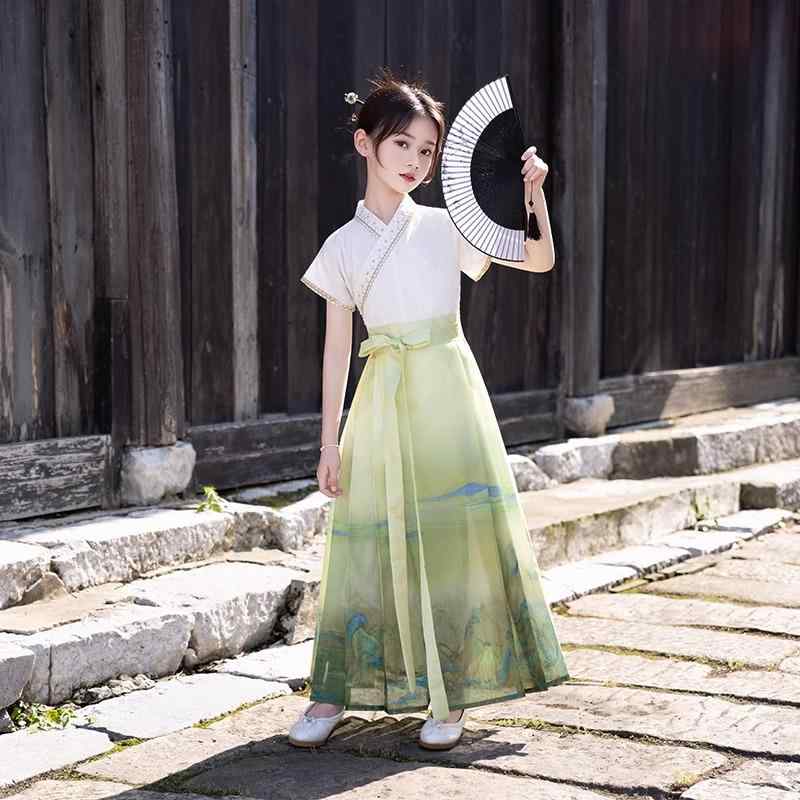 漢服 子供 女の子 春夏 トップス マミアンスカート 上下セット 半袖 薄手 通気 民族 衣装 発表会 ステージ コスプレ チャイナ風 レトロ エレガント 緑