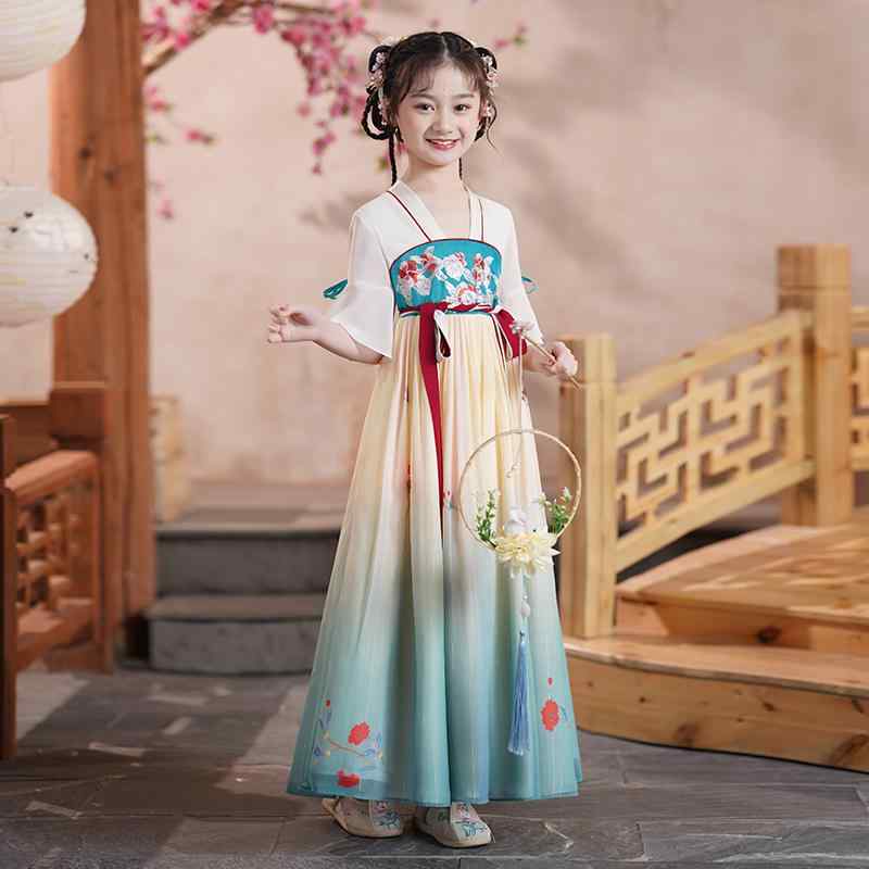 漢服 子供 女の子 春夏 スカート 刺繍 背中ファスナー 薄手 民族 衣装 発表会 ステージ コスプレ チャ..