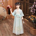 漢服 子供 女の子 春夏 五分袖 スカート 刺繍 背中ファスナー ソフト 薄手 通気 吸汗 民族 衣装 発表会 ステージ コスプレ チャイナ風 プリンセス レトロ エレガント 花柄 緑