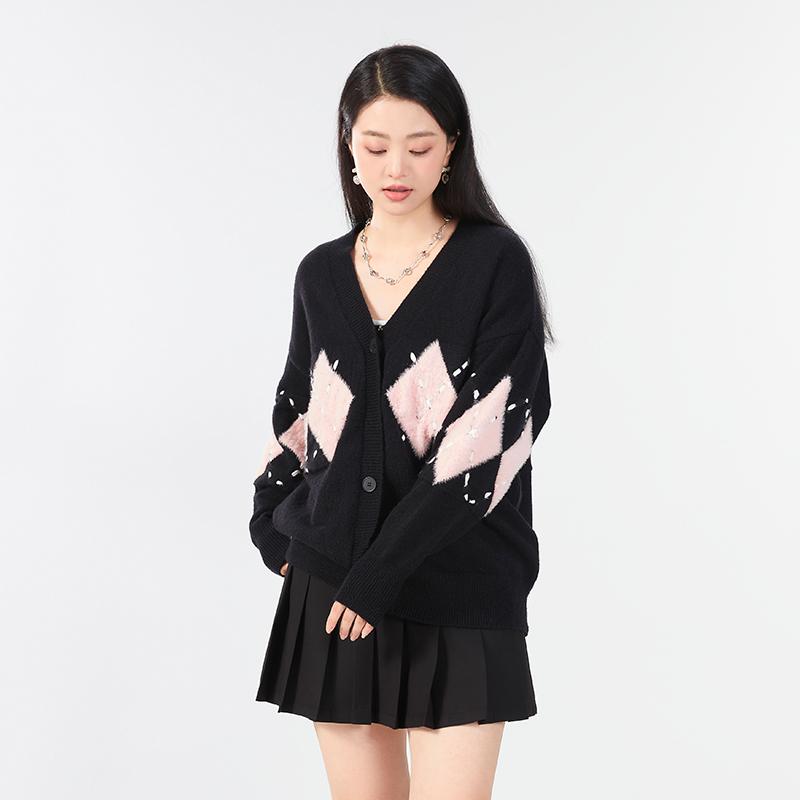 大きいサイズ レディース カーディガン 秋冬 長袖 Vネック ニット アーガイル柄 レトロ カジュアル ブラック 体型カバー ルーズフィット 버&...