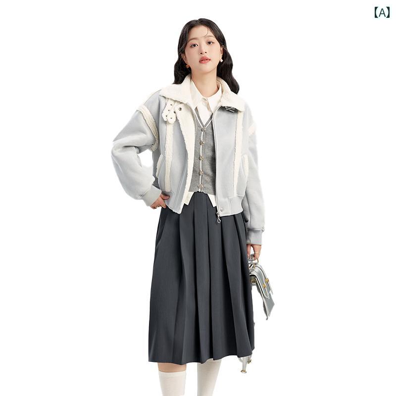 Rakuten - 大きいサイズ レディース 女装 ライン ボア襟 ウール フェイクファー ジャケット 秋冬 スリム効果 上着 かわいい