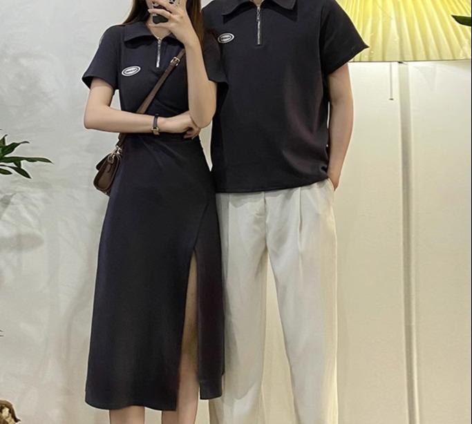 カップル お揃い 服 メンズ ポロシャツ レディース ワンピース ウエストシェイプ スリット ハーフジップ 綿 カジュアル おしゃれ デート 普段使い