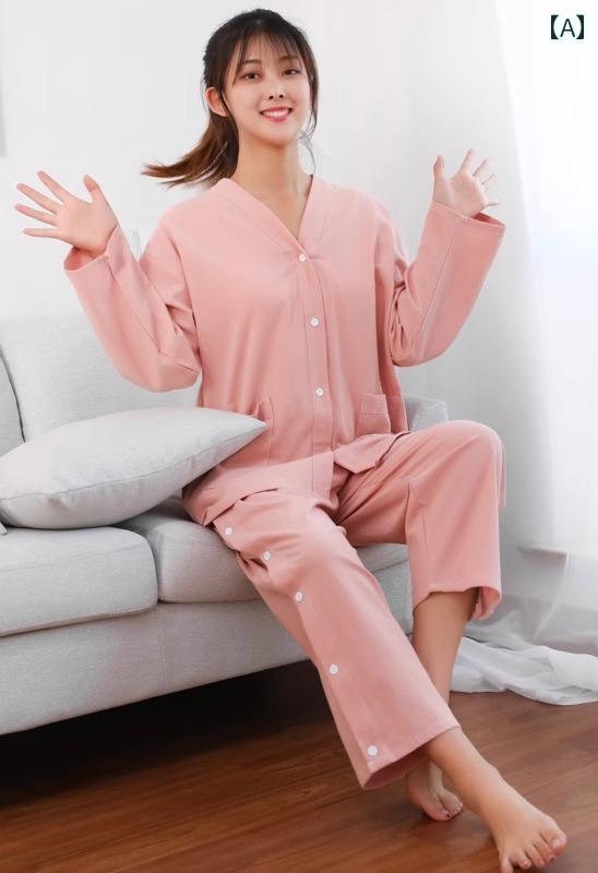 リラクゼーション ウェア 綿 前後 ロング パンツ トップス 長袖 ボタン 背中開き マッサージ ポリエステル 大きいサイズ シンプル 無地 ドット チェック柄 ピンク グレー 青 短パン レディース メンズ ゆったり 柔らかい 上下セット