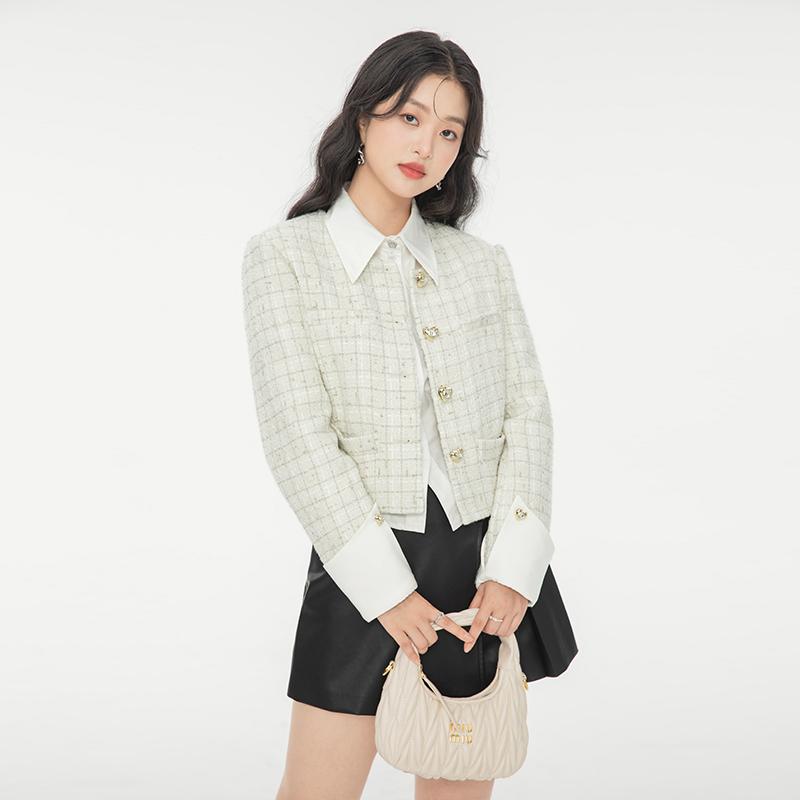 大きいサイズ レディース ショート ジャケット ツイード調 長袖 秋 シンプル カジュアル