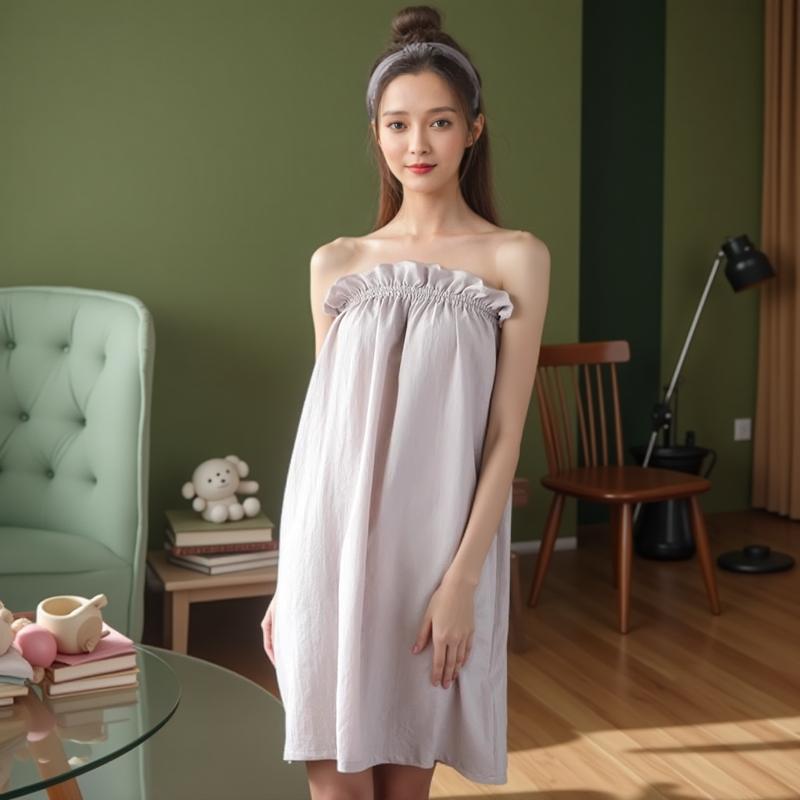 おしゃれ ラップ タオル 大人 チューブトップ パジャマ 薄手 防水 柔らかい レディース ナイトドレス マッサージ 綿 ポリエステル ピンク グレー 白 シンプル 伸縮性 フリル ボタン