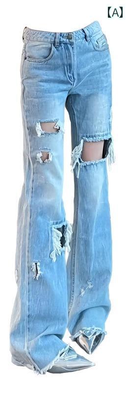 Boot Cut Jeans - ダメージ ジーンズ レディース 春夏秋冬 ボトムス デニム ロング ストレート ブーツカット 切りっぱなし ゆったり カジュアル 大きいサイズ 青 黒