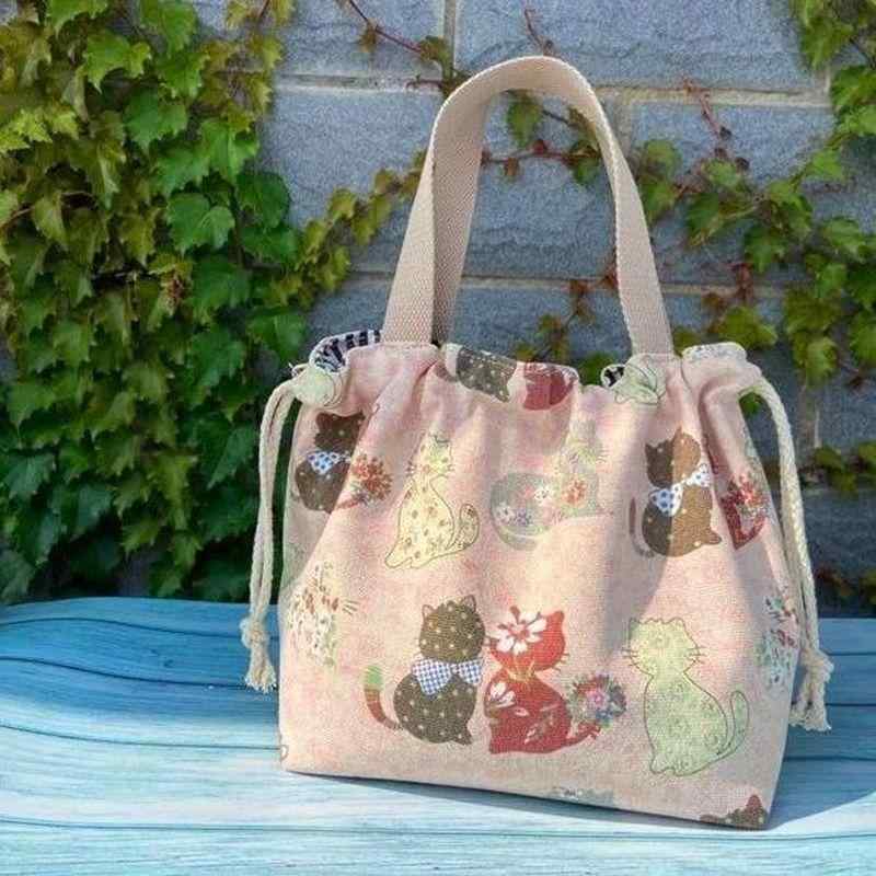ランチバッグ おしゃれ キャンバス ピクニック 小さめ 布 かわいい ボックス 巾着 ハンド 取っ手 猫 蝶 柄 レトロ カジュアル 緑 ピンク