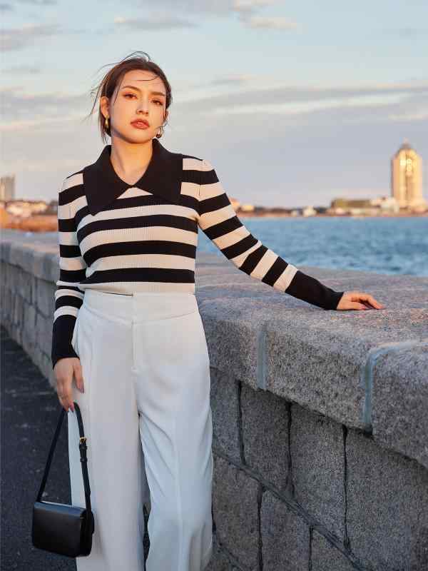 大きいサイズ レディース ストライプ セーター 混紡 モーダル 秋冬 黒 白 カジュアル 長袖