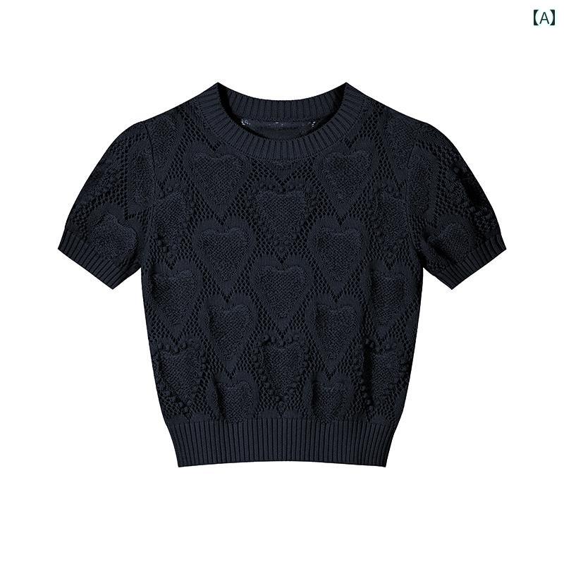 大きいサイズ レディース ニット 半袖 Tシャツ ピンク ハート柄 フェミニン 春夏