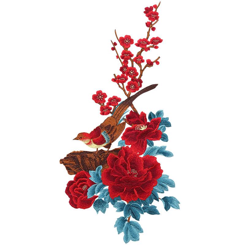 刺繍 ワッペン 中国風 布 パッチ アップリケ 裁縫 手芸 服飾 装飾 ハンドメイド 縫い付け 材料 大きめ 漢服 チャイナドレス シンプル エレガント 赤 青 ピンク 牡丹 ホトトギス