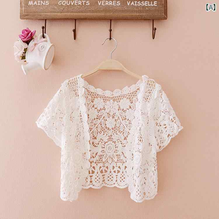 Nylon, Rayon, Polyester - ボレロ カーディガン レディース 夏 薄手 半袖 トップス ショート丈 羽織り レース タッセル フェミニン ガーリー かわいい 白 アプリコット 花柄