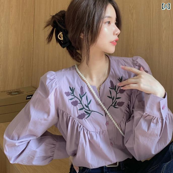 トップス レディース おしゃれ フレンチ レトロ 刺繍 Vネック シャツ 春 パープル ゆったり パフスリーブ 長袖(4.0)