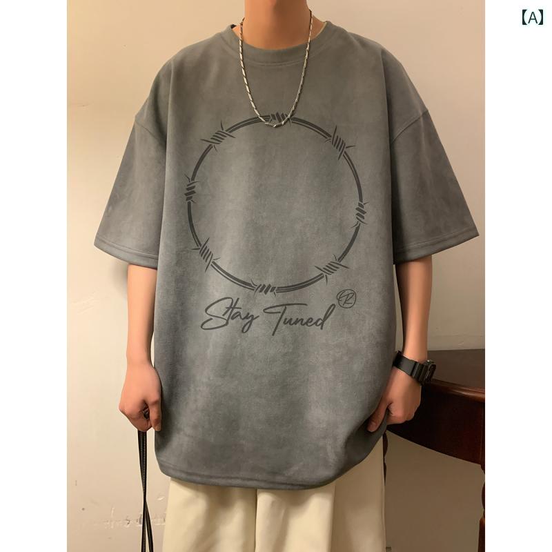 樂天商城 - メンズ カジュアル アイボリー 紫色 麂レザー調 花柄 半袖 Tシャツ 夏 ゆったり ストリート