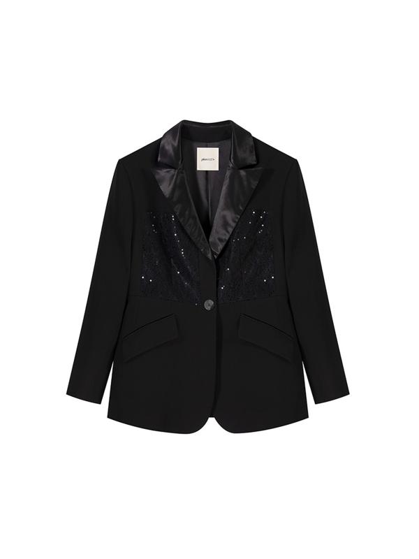 大きいサイズ レディース 早秋 ツイード TR モード おしゃれ レース 切替ブラック 斜め柄 シック 長袖 ジャケット 大人 おしゃれ