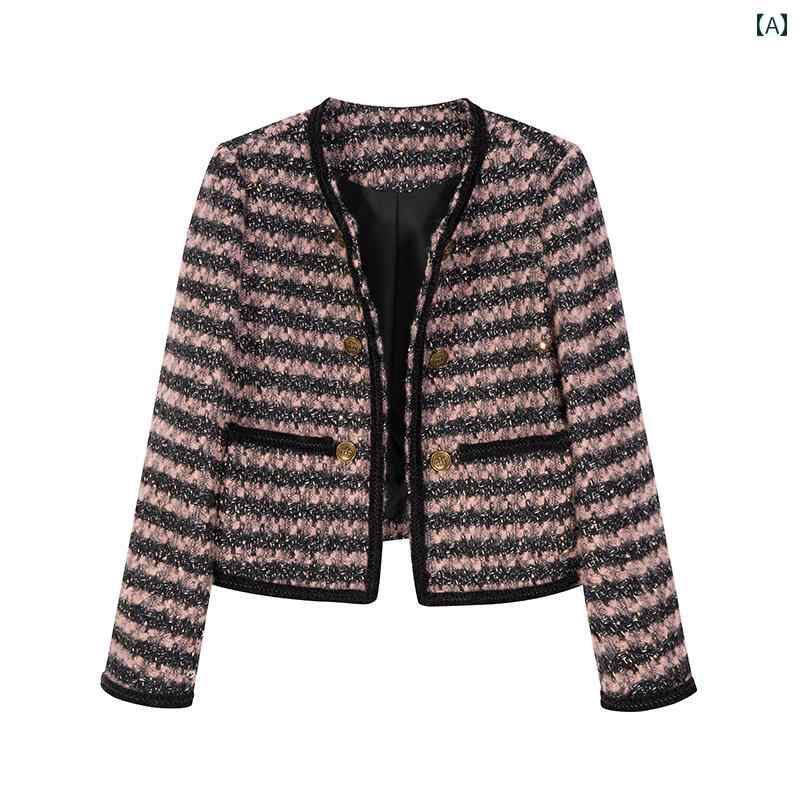 大きいサイズ レディース ジャケット ツイード ラウンドネック 丸首 ラウンドネック セーター セーラー シンプル ストライプ ボタン 秋冬(4)