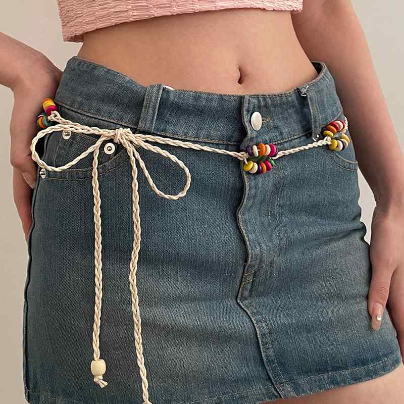ベルト レディース おしゃれ ナチュラル ビーズ 編み込み ウエスト レトロ ボヘミアン オシャレ 調節 アクセサリー