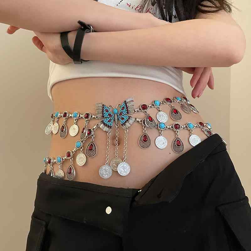 ベルト レディース おしゃれ 蝶 シルバー 腰チェーン 花柄 エスニック オシャレ 飾り
