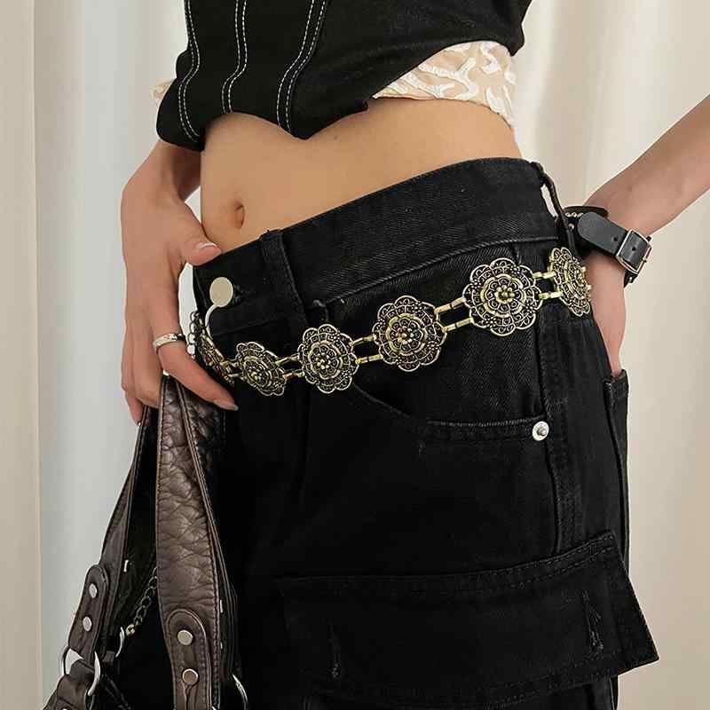 ベルト レディース 金属 ウエストチェーン 花柄 レトロ ドレス ジーンズ おしゃれ アクセサリー