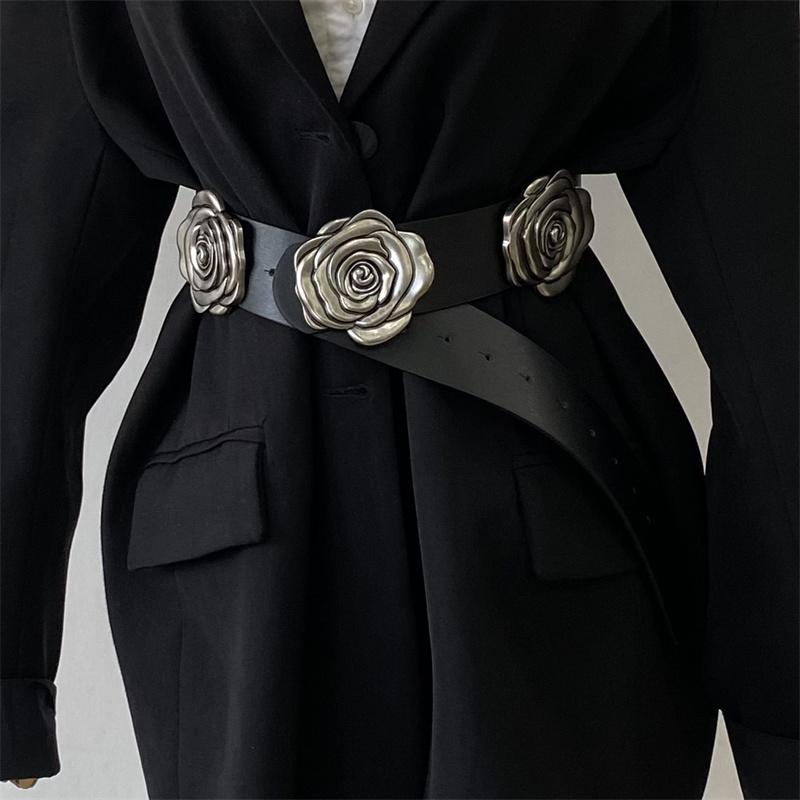 レディース ベルト 大人 夏 ワイド 太め PUレザー ピンバックル アクセサリー 装飾 花 バラ 普段使い お出かけ おしゃれ 黒
