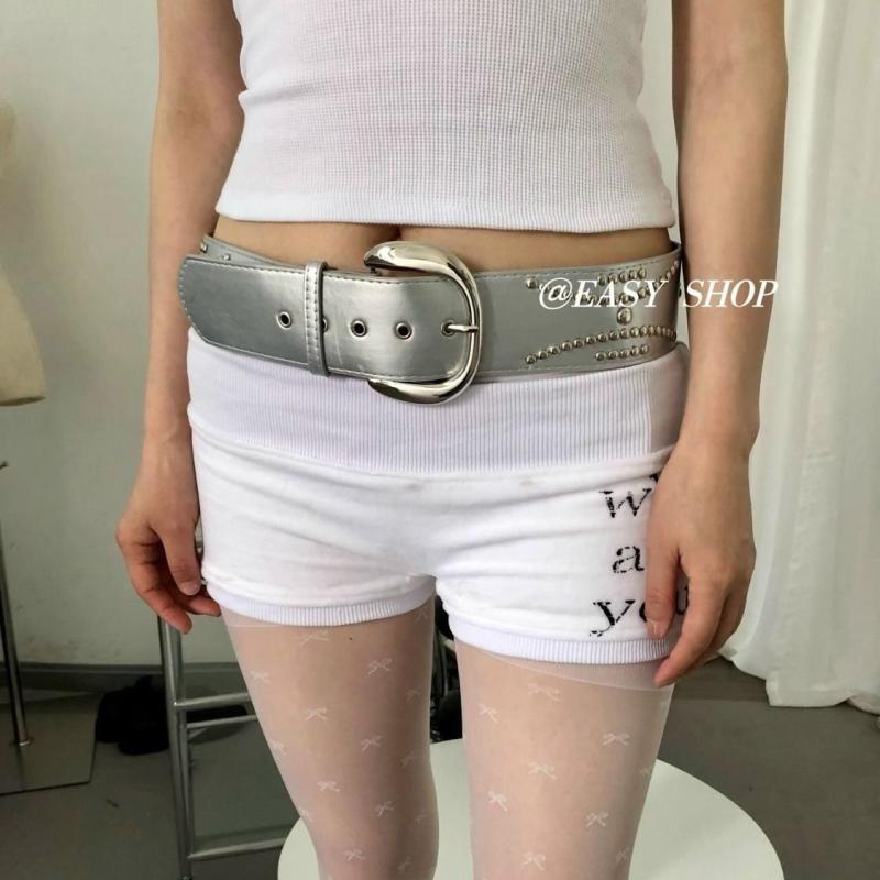 レディース ベルト 大人 レトロ ピンバックル 合金 PUレザー ワイド 太め シングルループ パンク風 スタッズ カジュアル おしゃれ シルバー