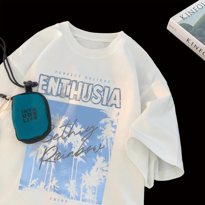 メンズ カジュアル ホワイト 半袖 Tシャツ ラウンドネック スウェード調 英字 プリント ユニセックス 夏
