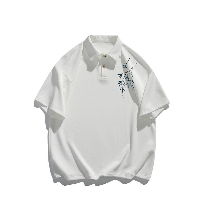 メンズ カジュアル 白 ポロシャツ 半袖 Tシャツ 夏 重厚感 中華風 半袖 竹柄
