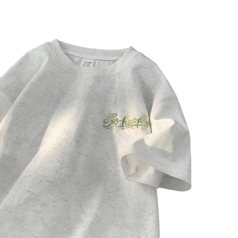 メンズ カジュアル 夏 ストリート 刺繍 ひんやり 快適 ドロップショルダー 半袖 Tシャツ ゆったり ファイブスリーブ