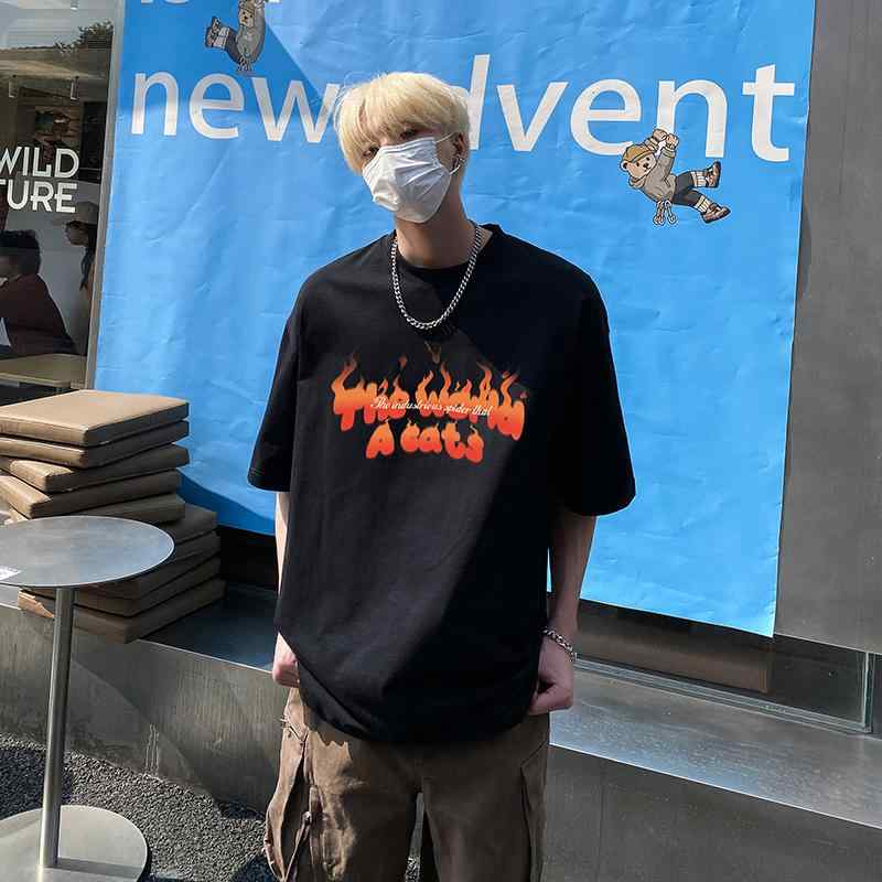 メンズ カジュアル 炎柄 半袖 Tシャツ 夏 クルーネック ゆったり コットン