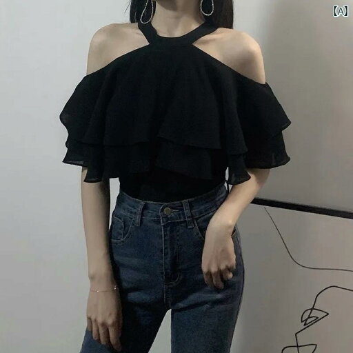 オフショルダー トップス かわいい スイート 半袖 シフォン シャツ レディース 夏 フリル 柔らかい シンプル オフィス 普段使い 黒 白 大きいサイズ オフショルダー トップス かわいい スイート 半袖 シフォン シャツ レディース 夏 フリル 柔らかい シンプル オフィス 普段使い 黒 白 大きいサイズ