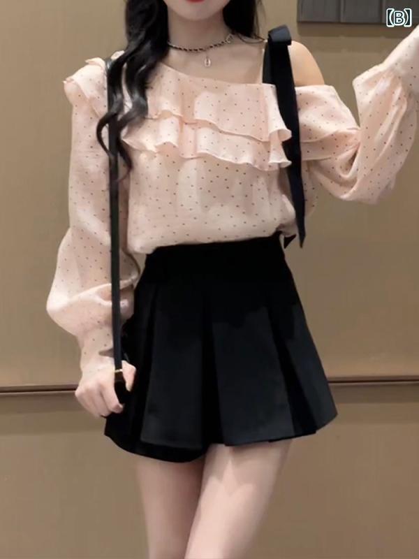 オフショルダー トップス かわいい ドット シフォン シャツ レディース 春 フリル ブラウス 普段使い 甘辛 ミニ スカート ピンク 黒 柔らかい
