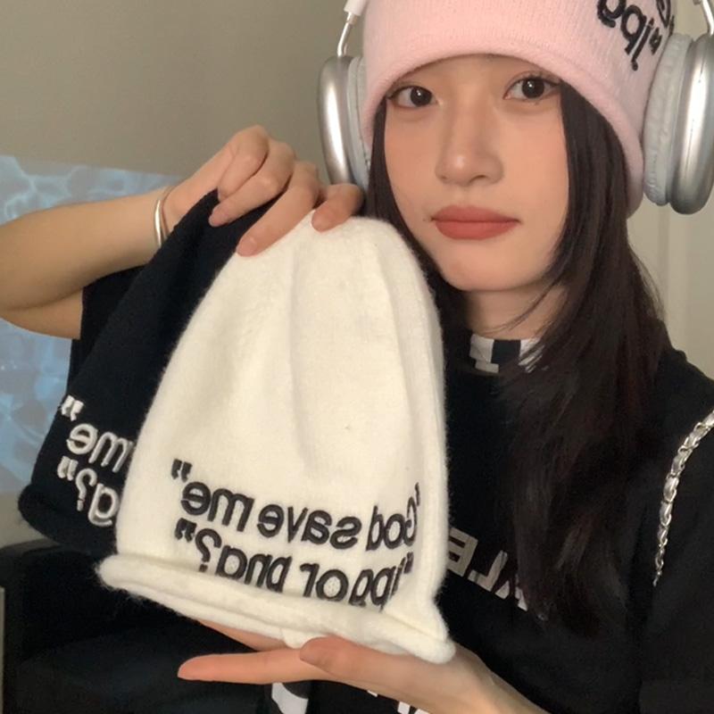 帽子 レディース 大きめ 女性 小顔 ニット帽 アルファベット ルーズ 韓国 ベーシック(4)