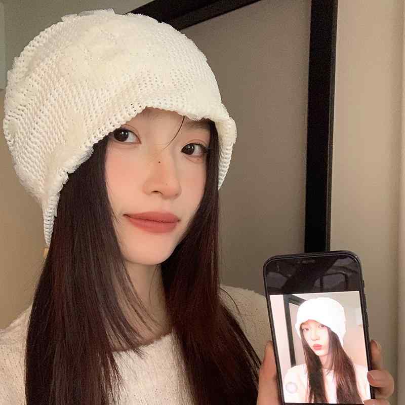 帽子 レディース レース 花柄 ニット帽 白 シンプル 韓国 オールシーズン 軽量 ルーズフィット キャップ