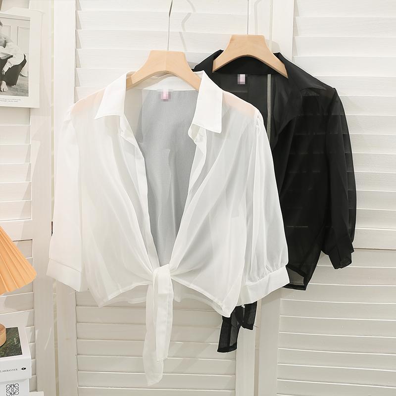 T-Shirts - シアー シャツ 長袖 レディース トップス 春夏 前開き リボン 裾結び 襟 ショート丈 薄手 ゆったり 日焼け対策 フレンチ カジュアル シンプル 無地 黒 白 フリーサイズ