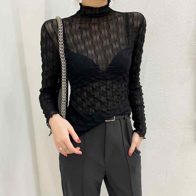 乐天商城 - シアー トップス レディース 長袖 秋冬 レース プルオーバー ハイネック 薄手 透け感 スリム フィット ソフト 通気 インナー セクシー おしゃれ 黒 白 カーキ 大きいサイズ