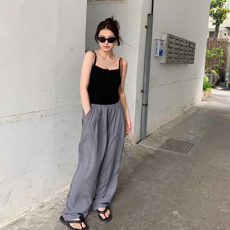 Cropped Pants - グレー レディース ワイドパンツ 夏 薄手 ハイウエスト リラックス カジュアル ストレート スリム ロングパンツ