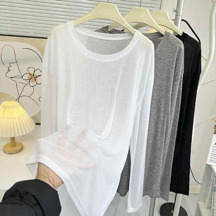 シアー トップス 長袖 体型カバー ミドル丈 日焼け防止 Tシャツ 春夏 薄手 ゆったり ラウンドネック 白 黒 グレー シンプル おしゃれ 無地 おでかけ 普段使い インナー