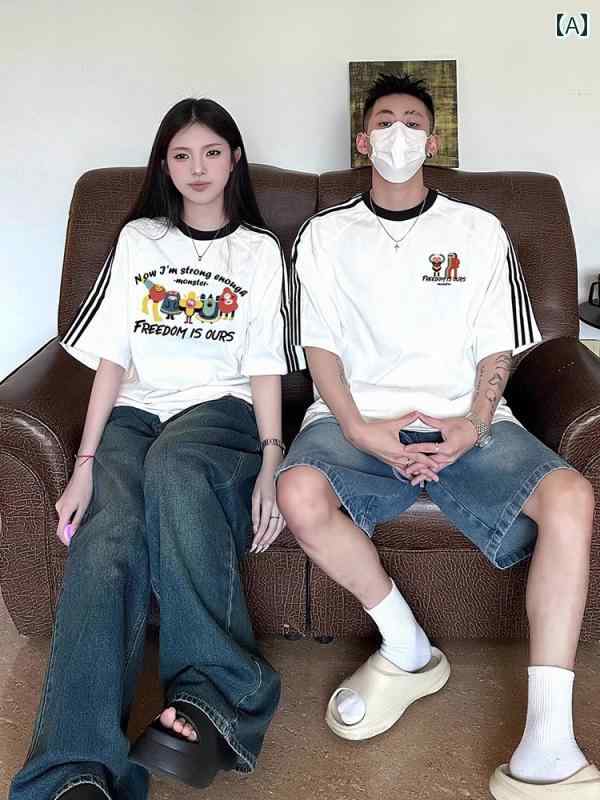 樂天商城 - カップル お揃い Tシャツ 半袖 カジュアル ユニーク キャラクター 英字 プリント 衣装 夏 ゆったり ラウンドネック サイドライン 綿 大きいサイズ 白 黒 アプリコット