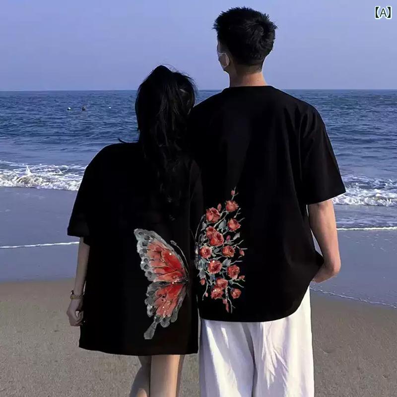 Garments - カップル お揃い Tシャツ 半袖 カジュアル 衣装 夏 ユニークかっこいい 綿 トップス バック プリント 蝶 ゆったり 大きいサイズ ラウンドネック 黒 白 ベージュ