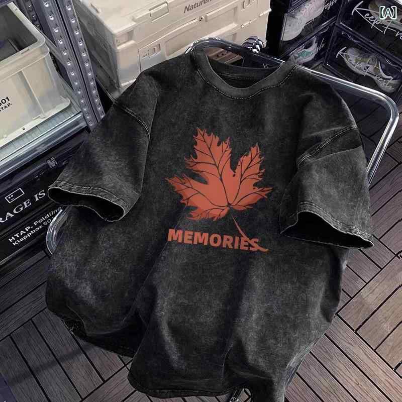 メンズ tシャツ カップル お揃い 半袖 カジュアル 綿 ドロップ ショルダー レトロ ストリート トップス 葉 ルーズ ラウンドネック 英字 ロゴ 大きいサイズ 黒