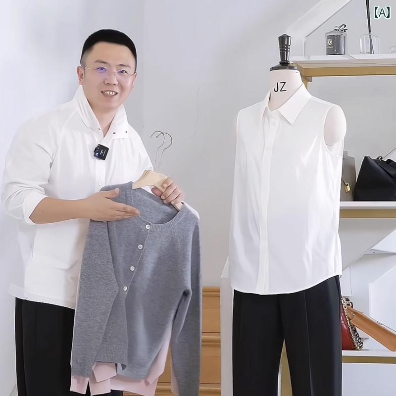 Sleeveless - ノースリーブ シャツ レディース ブラウス 大きいサイズ コットン 袖なし ノースリーブ 襟 前開き 薄手 トップス 重ね着 きれいめ シンプル 無地 カジュアル ビジネス スーツ インナー オフィス OL 就活 通勤 普段着 白 黒