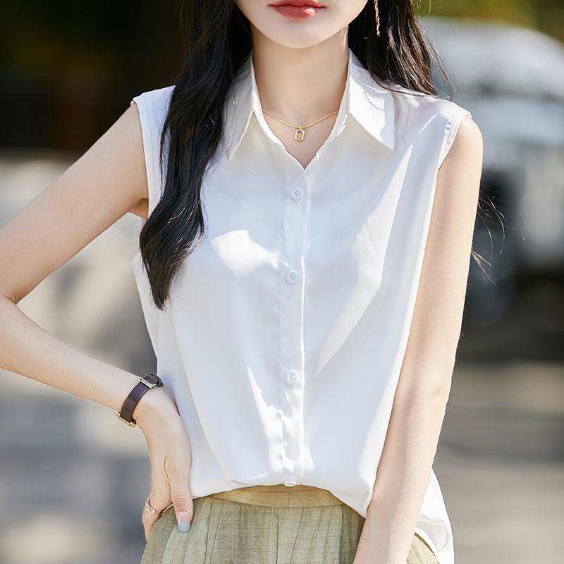 Sleeveless - ノースリーブ シャツ レディース ブラウス 大きいサイズ サテン 袖なし ノースリーブ 襟 前開き 薄手 ゆったり トップス 重ね着 きれいめ シンプル 無地 カジュアル ビジネス スーツ インナー オフィス OL 就活 通勤 普段着 韓国 白 黒 ベージュ