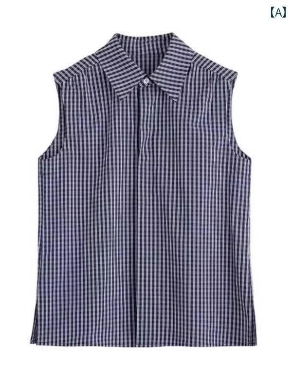 Sleeveless - ノースリーブ シャツ レディース ブラウス 大きいサイズ 袖なし ノースリーブ 襟 前開き ゆったり 体型カバー 着痩せ レイ# きれいめ シンプル 無地 チェック カジュアル ビジネス スーツ インナー オフィス OL 就活 通勤 普段着 白 青