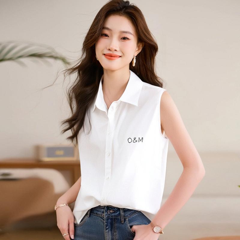 ノースリーブ シャツ レディース ブラウス 大きいサイズ 綿 袖なし ノースリーブ 襟 前開き ゆったり 体型カバー 着痩せ レイ# きれいめ シンプル 無地 カジュアル ビジネス スーツ インナー オフィス OL 就活 通勤 普段着 白 ワンポイント