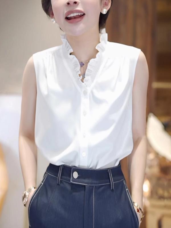 Sleeveless - ノースリーブ シャツ レディース ブラウス 大きいサイズ 袖なし ノースリーブ フリル襟 Vネック 前開き トップス 重ね着 きれいめ フェミニン 上品 シンプル 無地 カジュアル ビジネス スーツ インナー オフィス OL 通勤 普段着 白 黒