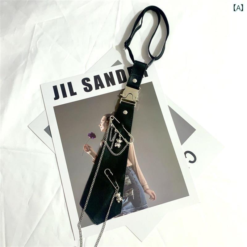 レザーネクタイ レディース おしゃれ コスプレ JK くま 光沢 チェーン パンク メタル 男女兼用 大人 写真 撮影 シャツ ピン 伸縮性 着脱しやすい 黒