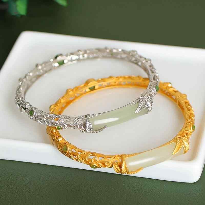 Pearl White - ブレスレット レディース 大人 上品 アクセサリー レトロ エスニック 民族風 竹モチーフ ビーズ 開閉可 普段使い お出かけ ゴールド シルバー おしゃれ